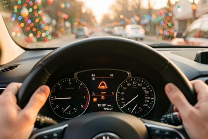 Tableau de bord réaliste d’une voiture en voyage, avec le voyant moteur allumé et une lumière chaleureuse de départ en vacances.