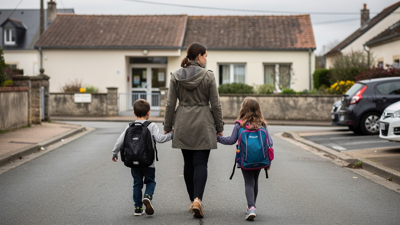 Une femme accompagne un garçon et une fille à pied depuis une école vers une activité périscolaire dans un quartier résidentiel de Loire-Atlantique.