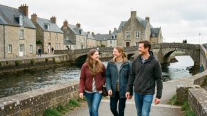 Groupe de deux femmes et deux hommes souriants découvrant une ville bretonne au bord de l’eau, dans une ambiance de loisirs urbains et de lumière douce.