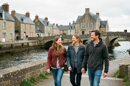 Groupe de deux femmes et deux hommes souriants découvrant une ville bretonne au bord de l’eau, dans une ambiance de loisirs urbains et de lumière douce.