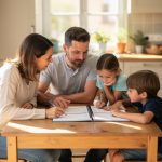 Une famille prépare un planning hebdomadaire sur la table de la cuisine, avec un agenda ouvert aux pages vierges et des cartables, dans une lumière naturelle.