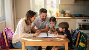 Une famille prépare un planning hebdomadaire sur la table de la cuisine, avec un agenda ouvert aux pages vierges et des cartables, dans une lumière naturelle.