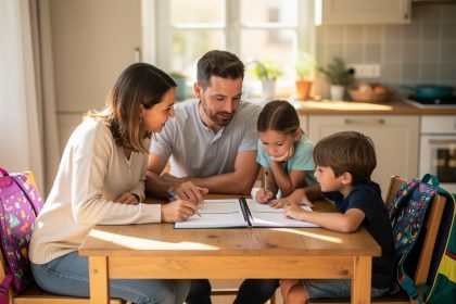 Une famille prépare un planning hebdomadaire sur la table de la cuisine, avec un agenda ouvert aux pages vierges et des cartables, dans une lumière naturelle.