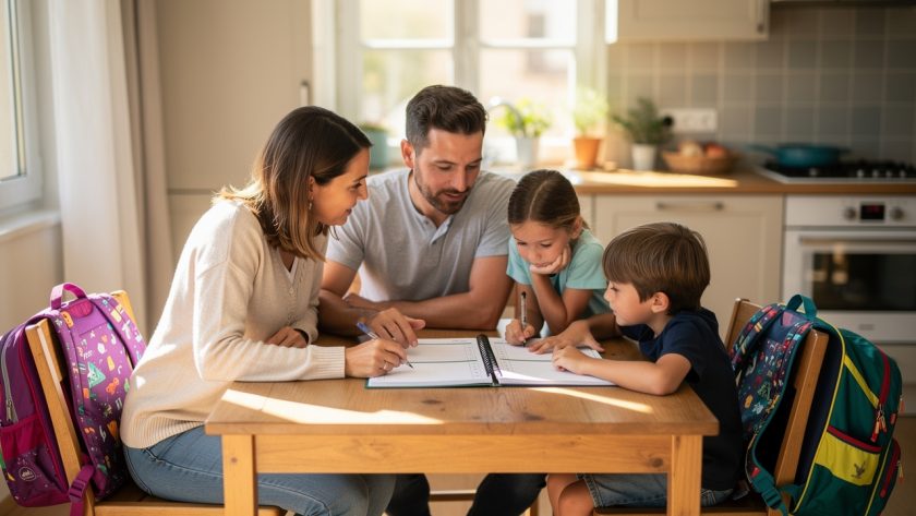 Une famille prépare un planning hebdomadaire sur la table de la cuisine, avec un agenda ouvert aux pages vierges et des cartables, dans une lumière naturelle.