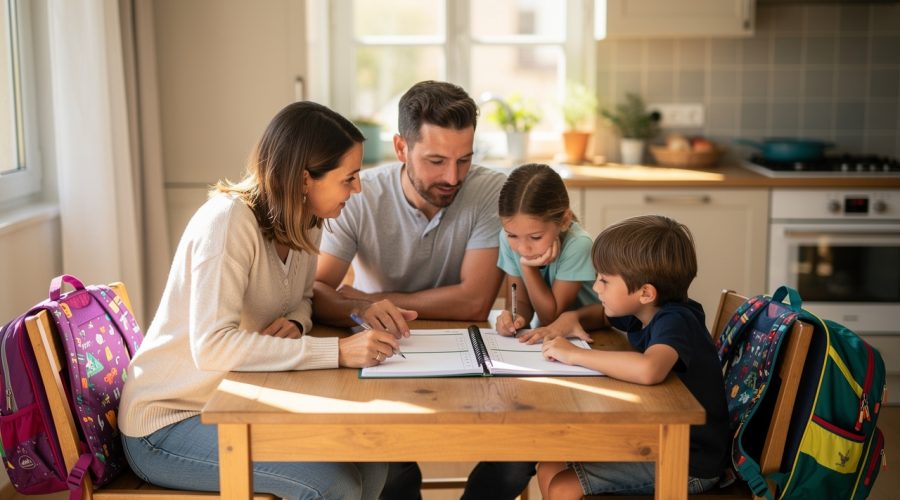 Une famille prépare un planning hebdomadaire sur la table de la cuisine, avec un agenda ouvert aux pages vierges et des cartables, dans une lumière naturelle.