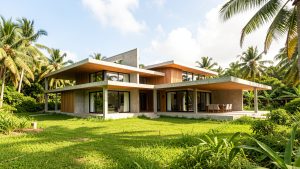 Maison contemporaine antillaise en construction sur un terrain verdoyant, entourée de végétation tropicale sous un ciel lumineux.