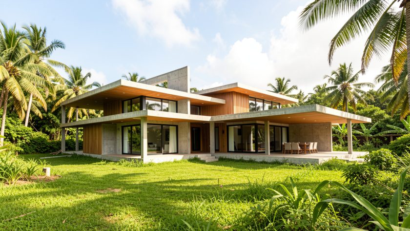 Maison contemporaine antillaise en construction sur un terrain verdoyant, entourée de végétation tropicale sous un ciel lumineux.