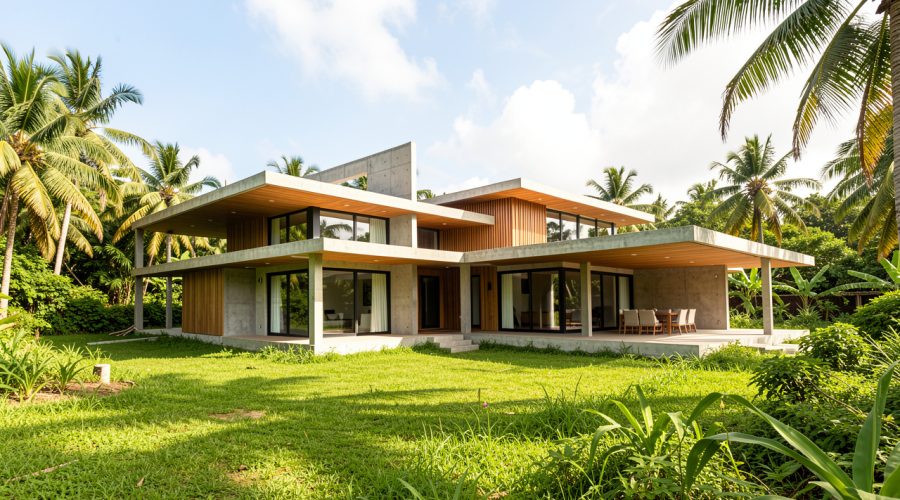 Maison contemporaine antillaise en construction sur un terrain verdoyant, entourée de végétation tropicale sous un ciel lumineux.