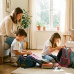 Une mère observe avec attention un garçon et une fille qui préparent seuls leurs affaires dans une maison lumineuse et chaleureuse.