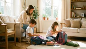 Une mère observe avec attention un garçon et une fille qui préparent seuls leurs affaires dans une maison lumineuse et chaleureuse.