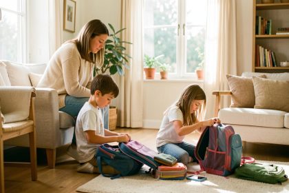 Une mère observe avec attention un garçon et une fille qui préparent seuls leurs affaires dans une maison lumineuse et chaleureuse.