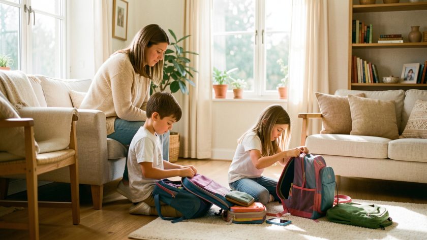 Une mère observe avec attention un garçon et une fille qui préparent seuls leurs affaires dans une maison lumineuse et chaleureuse.