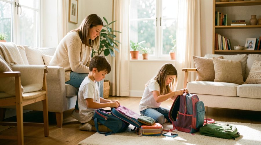Une mère observe avec attention un garçon et une fille qui préparent seuls leurs affaires dans une maison lumineuse et chaleureuse.