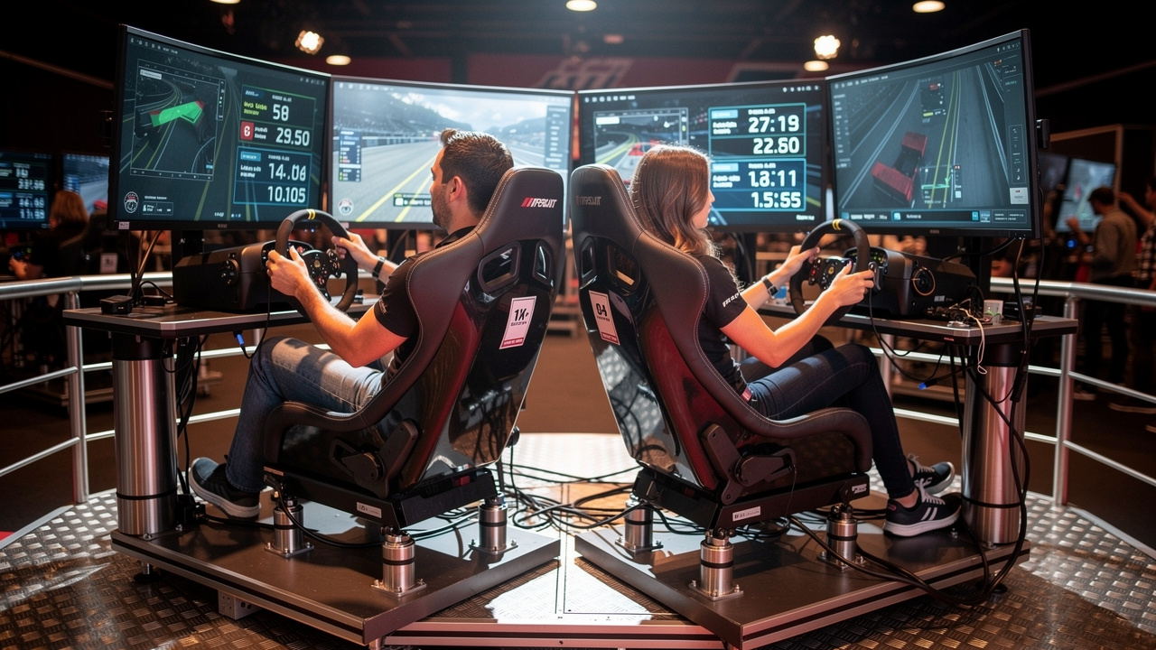Un homme et une femme comparent leurs performances devant deux simulateurs automobiles professionnels sur vérins, dans une ambiance réaliste de sports mécaniques.
