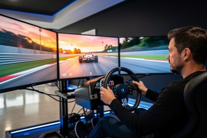 Un homme concentré conduit un simulateur automobile équipé d’un cockpit, d’un volant de course et de trois écrans dans un centre de loisirs moderne.
