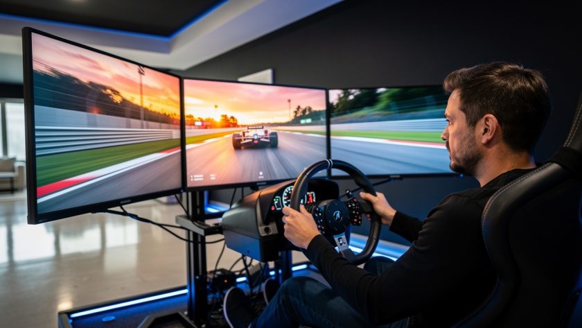 Un homme concentré conduit un simulateur automobile équipé d’un cockpit, d’un volant de course et de trois écrans dans un centre de loisirs moderne.