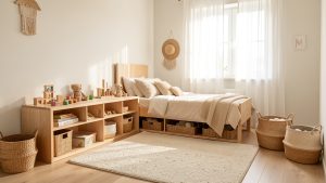 Chambre d’enfant lumineuse et bien rangée avec rangements bas, tapis doux et mobilier évolutif en bois.