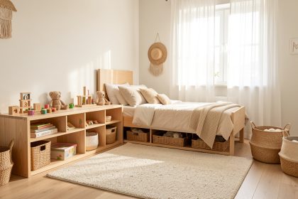 Chambre d’enfant lumineuse et bien rangée avec rangements bas, tapis doux et mobilier évolutif en bois.