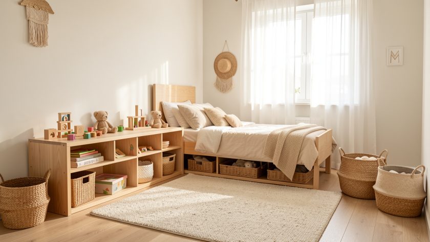 Chambre d’enfant lumineuse et bien rangée avec rangements bas, tapis doux et mobilier évolutif en bois.