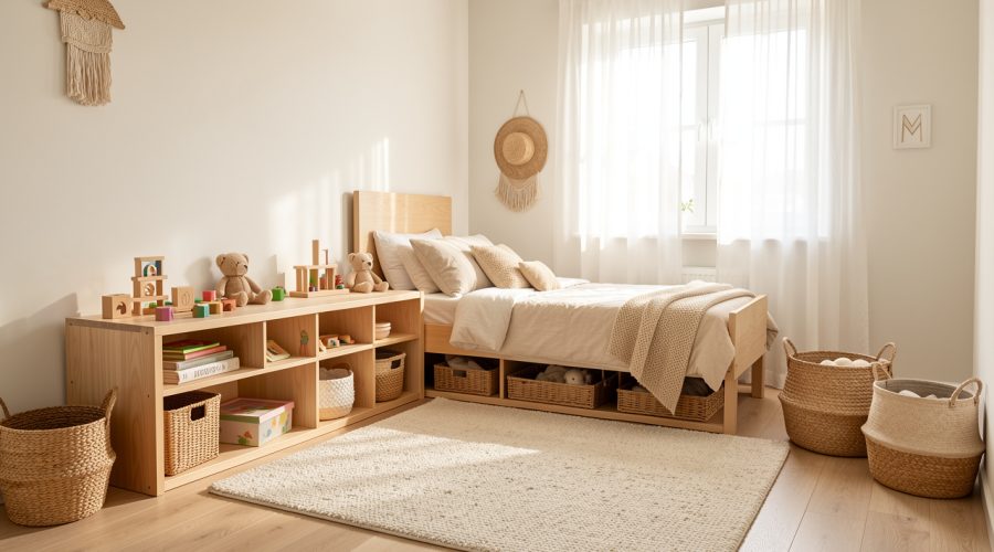 Chambre d’enfant lumineuse et bien rangée avec rangements bas, tapis doux et mobilier évolutif en bois.