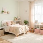 Chambre d’enfant lumineuse et bien rangée avec mobilier fixé, tapis doux et rangements bas sécurisés dans une ambiance familiale.