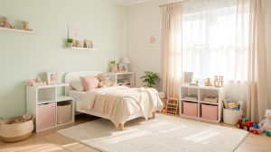 Chambre d’enfant lumineuse et bien rangée avec mobilier fixé, tapis doux et rangements bas sécurisés dans une ambiance familiale.