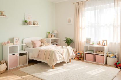 Chambre d’enfant lumineuse et bien rangée avec mobilier fixé, tapis doux et rangements bas sécurisés dans une ambiance familiale.