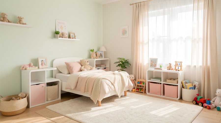 Chambre d’enfant lumineuse et bien rangée avec mobilier fixé, tapis doux et rangements bas sécurisés dans une ambiance familiale.
