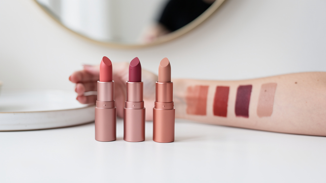 Quatre rouges à lèvres mats de teintes rose, terracotta, baie et nude présentés avec quatre swatches nets sur un avant-bras, dans un décor de coiffeuse minimaliste.
