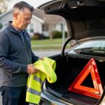 Un conducteur vérifie un gilet jaune et un triangle de présignalisation dans le coffre ouvert d’une voiture stationnée.