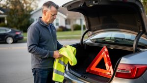 Un conducteur vérifie un gilet jaune et un triangle de présignalisation dans le coffre ouvert d’une voiture stationnée.