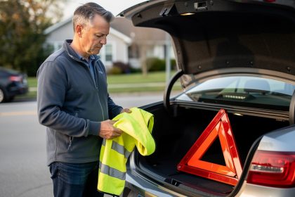 Un conducteur vérifie un gilet jaune et un triangle de présignalisation dans le coffre ouvert d’une voiture stationnée.