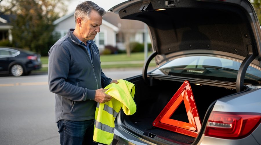 Un conducteur vérifie un gilet jaune et un triangle de présignalisation dans le coffre ouvert d’une voiture stationnée.