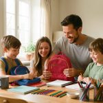 Une mère, un père et deux enfants préparent ensemble des cartables et des fournitures scolaires dans une maison chaleureuse, près d’un calendrier familial vierge.