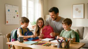 Une mère, un père et deux enfants préparent ensemble des cartables et des fournitures scolaires dans une maison chaleureuse, près d’un calendrier familial vierge.