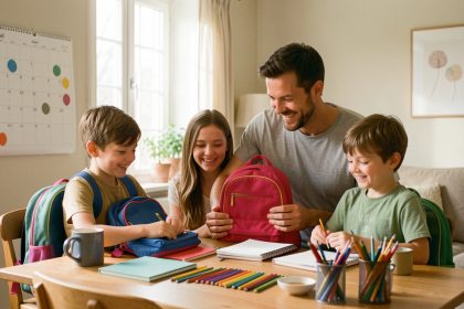 Une mère, un père et deux enfants préparent ensemble des cartables et des fournitures scolaires dans une maison chaleureuse, près d’un calendrier familial vierge.