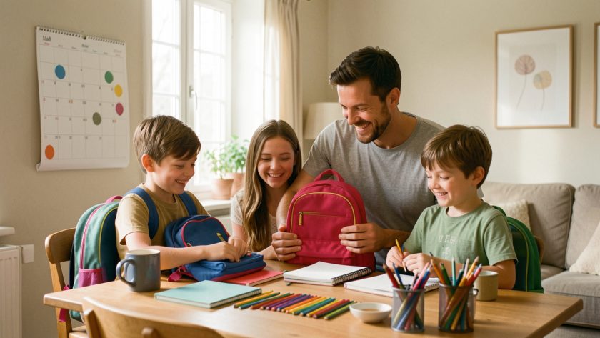 Une mère, un père et deux enfants préparent ensemble des cartables et des fournitures scolaires dans une maison chaleureuse, près d’un calendrier familial vierge.