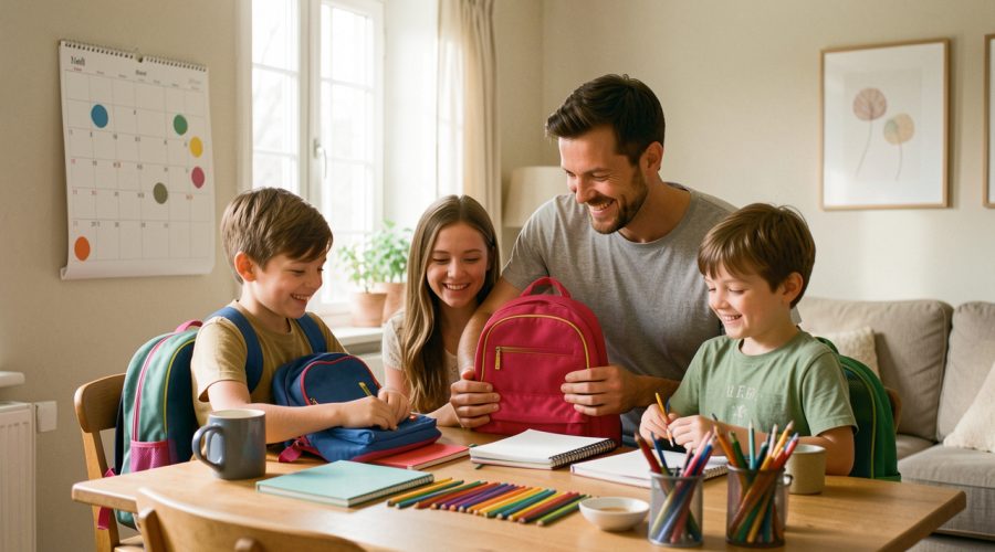 Une mère, un père et deux enfants préparent ensemble des cartables et des fournitures scolaires dans une maison chaleureuse, près d’un calendrier familial vierge.