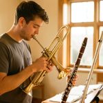 Jeune musicien découvrant plusieurs instruments à vent dans une salle lumineuse et chaleureuse.