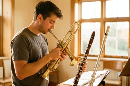 Jeune musicien découvrant plusieurs instruments à vent dans une salle lumineuse et chaleureuse.