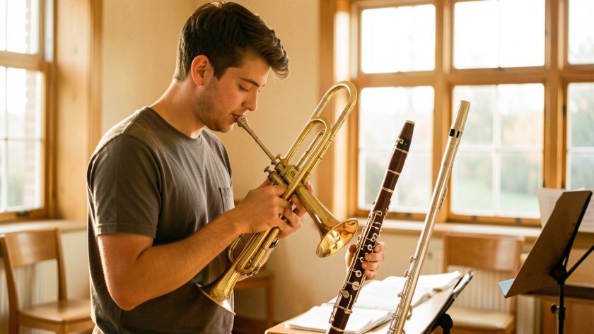 Jeune musicien découvrant plusieurs instruments à vent dans une salle lumineuse et chaleureuse.