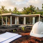 Maison contemporaine en construction en Martinique, entourée d’une végétation tropicale luxuriante, avec un casque de chantier et des plans vierges au premier plan.