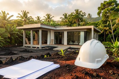 Maison contemporaine en construction en Martinique, entourée d’une végétation tropicale luxuriante, avec un casque de chantier et des plans vierges au premier plan.
