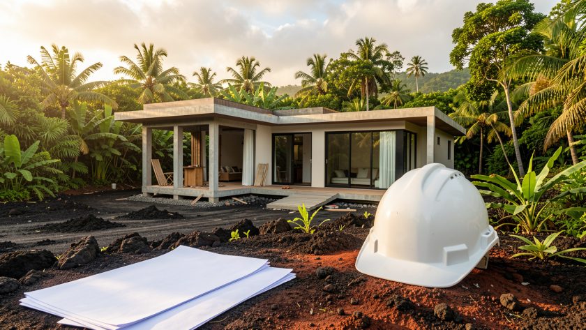 Maison contemporaine en construction en Martinique, entourée d’une végétation tropicale luxuriante, avec un casque de chantier et des plans vierges au premier plan.