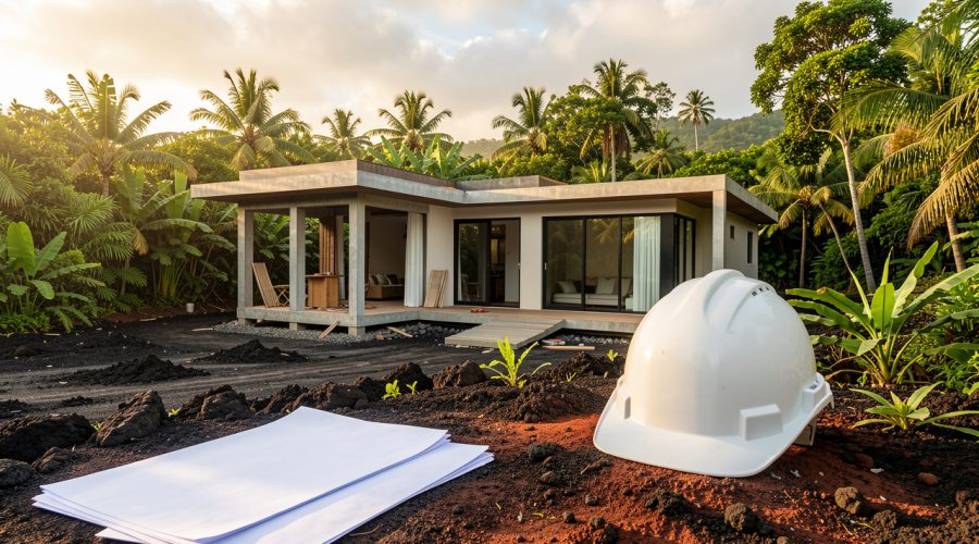 Maison contemporaine en construction en Martinique, entourée d’une végétation tropicale luxuriante, avec un casque de chantier et des plans vierges au premier plan.