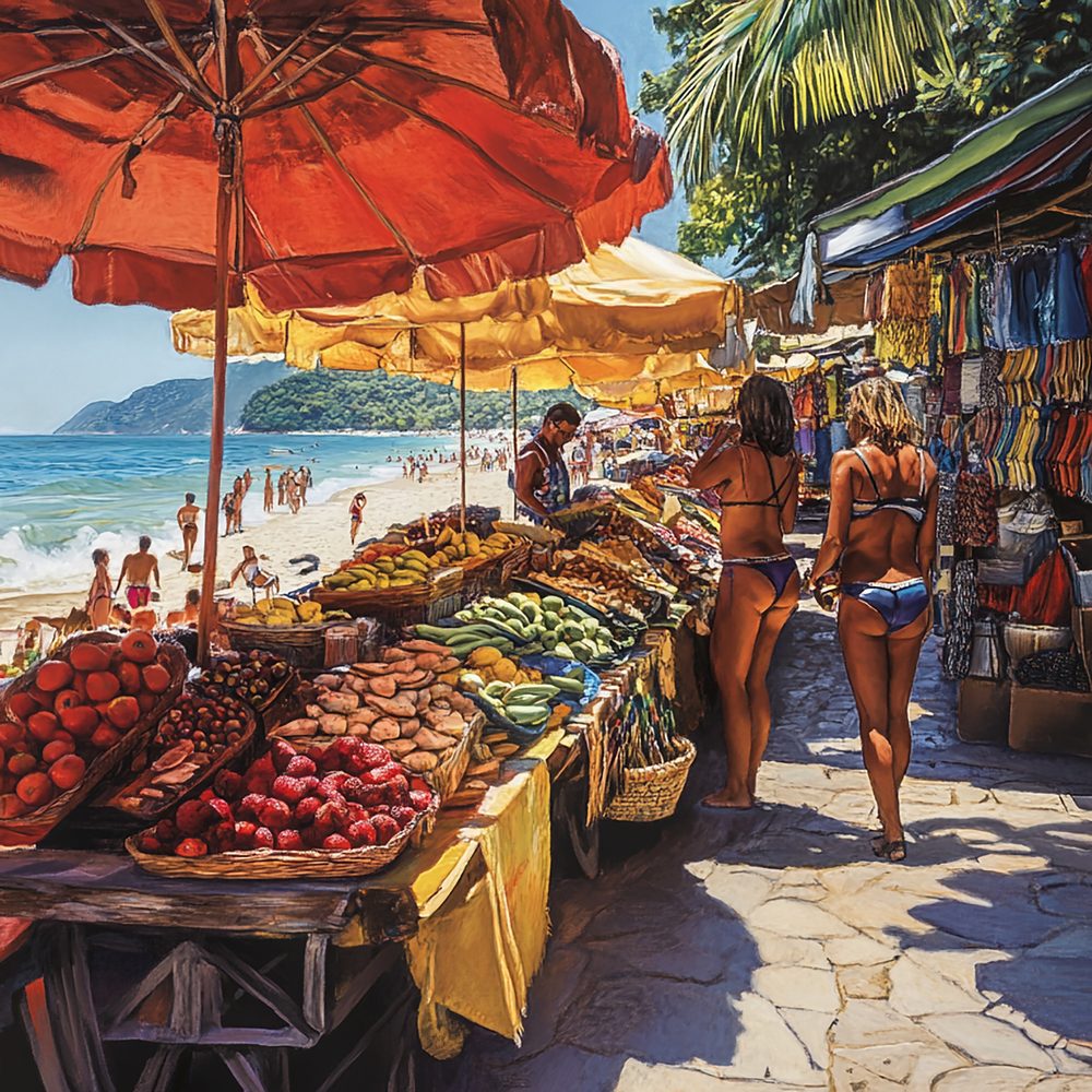 Des étals de fruits tropicaux et d’épices colorent un marché couvert martiniquais.