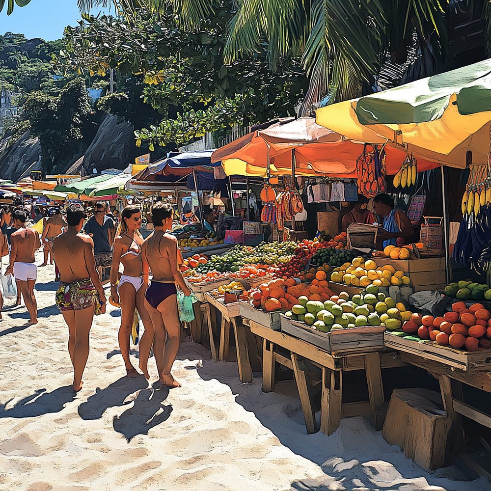 Des habitants et des voyageurs déambulent entre les stands d’un marché couvert en Martinique.