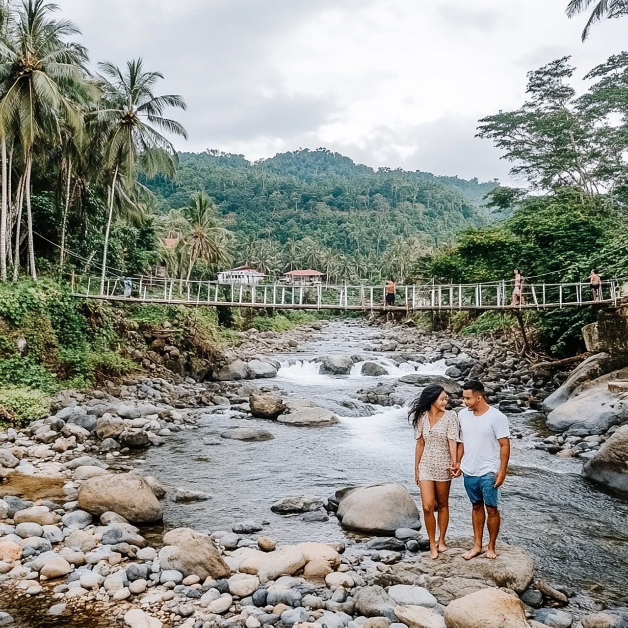Deux voyageurs découvrent un paysage tropical lors de leur premier séjour en Guadeloupe.