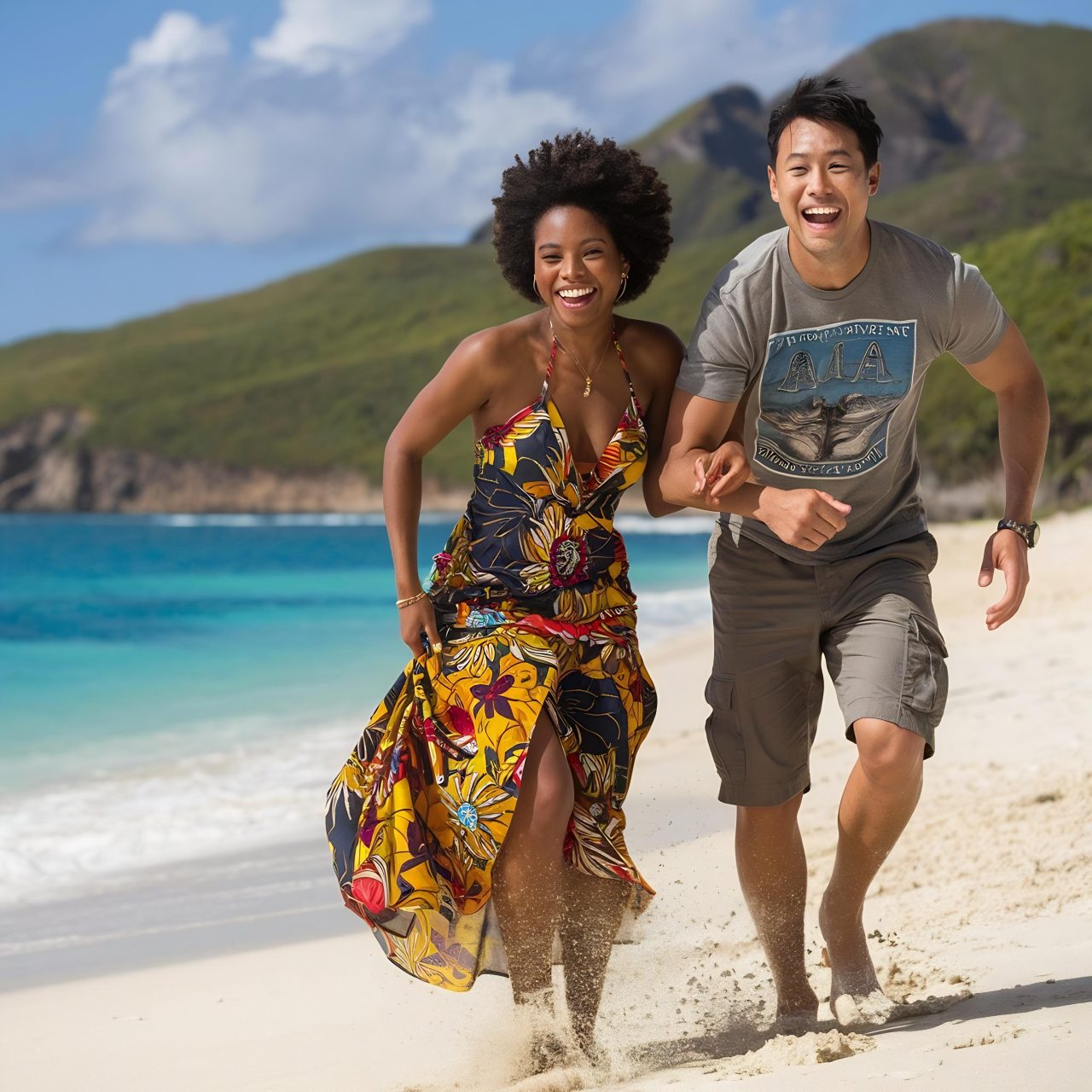 Un couple profite d’une plage paradisiaque bordée de palmiers dans les Caraïbes.