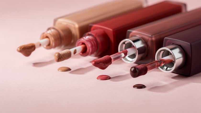Plusieurs rouges à lèvres liquides mats ouverts avec leurs applicateurs visibles, dans des teintes nude, rouge et prune, sur un fond rose poudré éclairé par une lumière douce.
